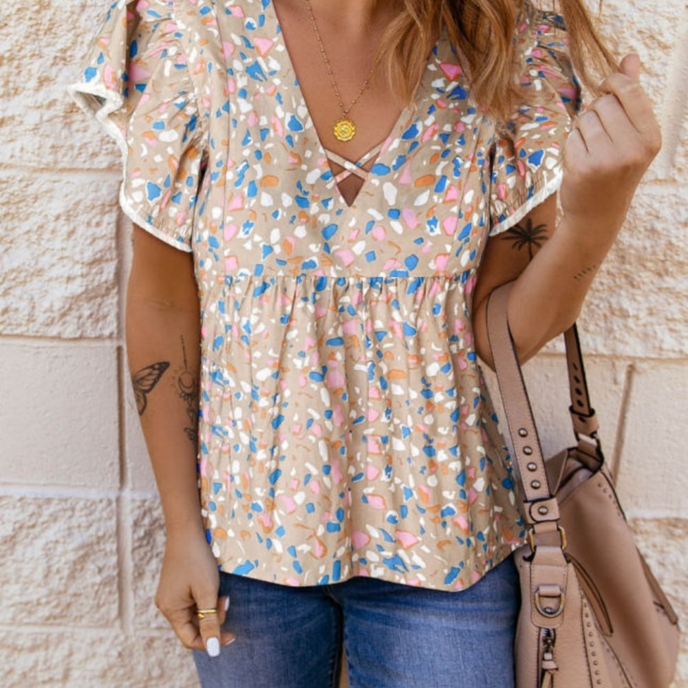 Floral Ruffle Sleeve V-Neck Top